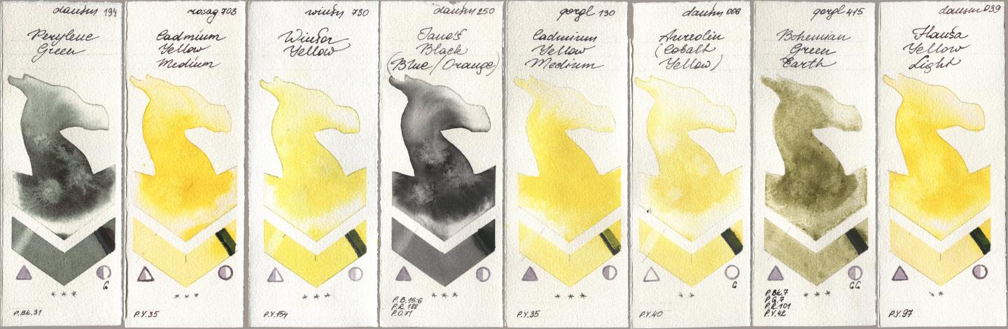 Daniel Smith 194 Perylene Green, Rosa Gallery 703 Cadmium Yellow Medium, Winsor & Newton Professional 730 Winsor Yellow, 250 Janes Black (Blue/Orange), Golden QOR 130 Cadmium Yellow Medium, 006 Aureolin (Cobalt Yellow), 415 Bohemian Green Earth, 039 Hansa Yellow Lig watercolor swatch