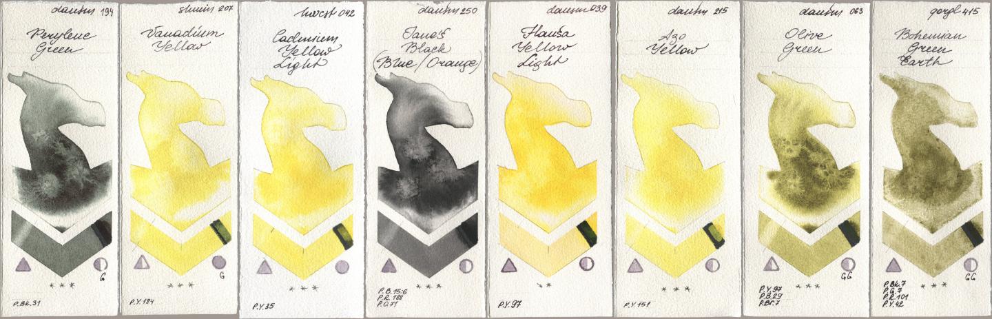 Daniel Smith 194 Perylene Green, Shminke Horadam Aquarell 207 Vanadium Yellow, Holbein Artists Watercolor 042 Cadmium Yellow Light, 250 Janes Black (Blue/Orange), 039 Hansa Yellow Light, 215 Azo Yellow, 063 Olive Green, Golden QOR 415 Bohemian Green Ear watercolor swatch
