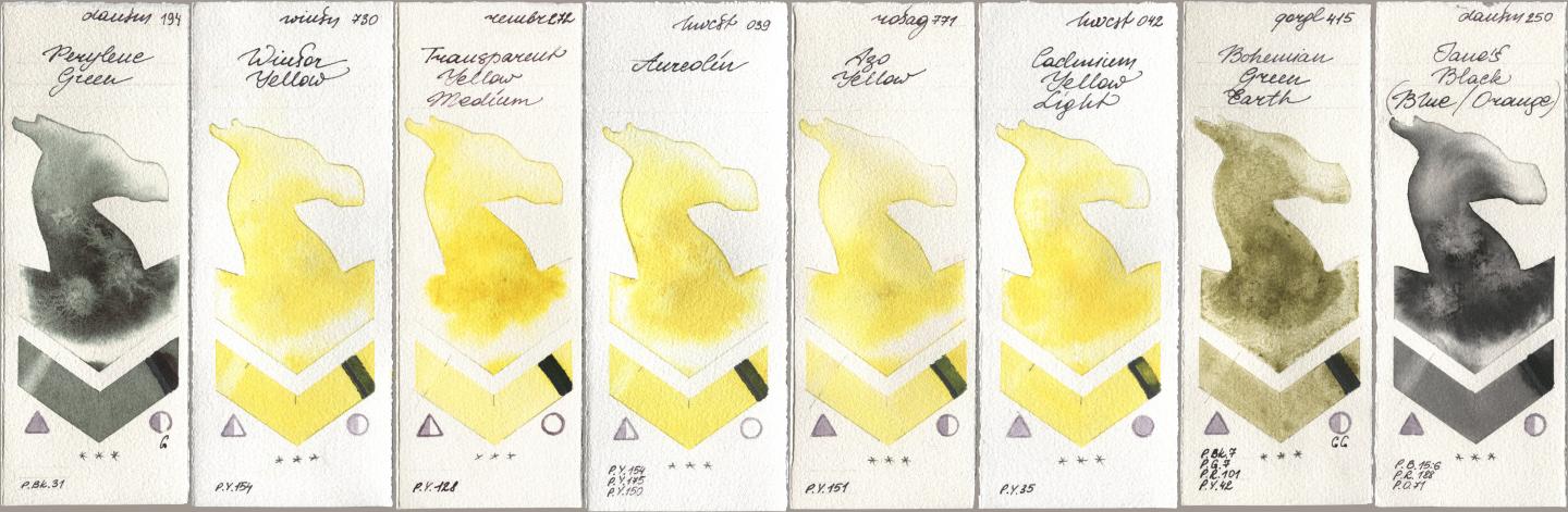 Daniel Smith 194 Perylene Green, Winsor & Newton Professional 730 Winsor Yellow, Royal Talens Rembrandt Watercolour 272 Transparent Yellow Medium, Holbein Artists Watercolor 039 Aureolin, Rosa Gallery 771 Azo Yellow, 042 Cadmium Yellow Light, Golden QOR 415 Bohemian Green Earth, 250 Janes Black (Blue/Orang watercolor swatch