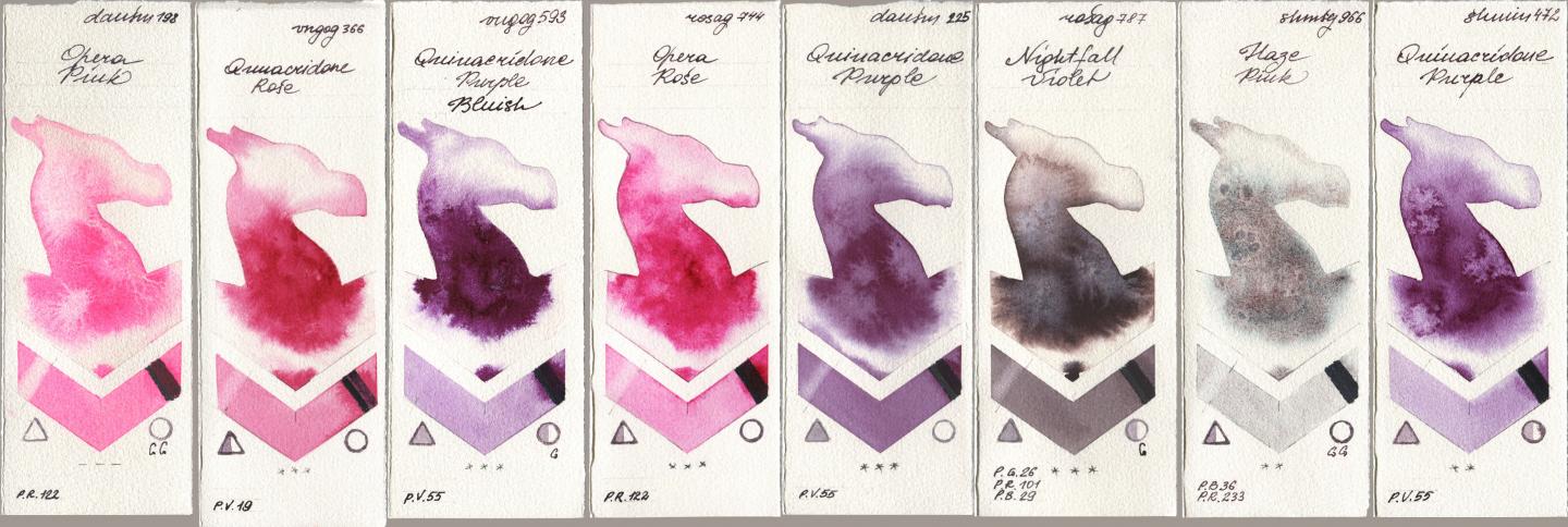 Daniel Smith 198 Opera Pink, Royal Talens Van Gogh Watercolour 366 Quinacridone Rose, 593 Quinacridone Purple Bluish, Rosa Gallery 744 Opera Rose, 225 Quinacridone Purple, 787 Nightfall Violet, Shminke Horadam Aquarell 966 Haze Pink, 472 Quinacridone Purp watercolor swatch