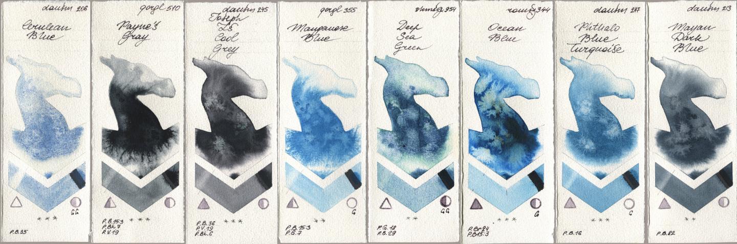Daniel Smith 206 Cerulean Blue, Golden QOR 510 Paynes Gray, 245 Joseph Zs Cool Grey, 355 Manganese Blue, Shminke Horadam Aquarell 954 Deep Sea Green, Roman Szmal Aquarius 344 Ocean Blue, 247 Phthalo Blue Turquoise, 213 Mayan Dark Bl watercolor swatch