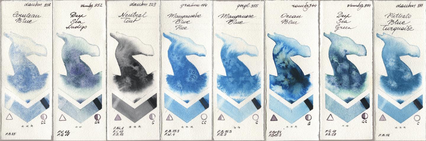 Daniel Smith 206 Cerulean Blue, Shminke Horadam Aquarell 952 Deep Sea Indigo, 229 Neutral Tint, M. Graham & Co. Artists 114 Manganese Blue Hue, Golden QOR 355 Manganese Blue, Roman Szmal Aquarius 344 Ocean Blue, 954 Deep Sea Green, 247 Phthalo Blue Turquoi watercolor swatch