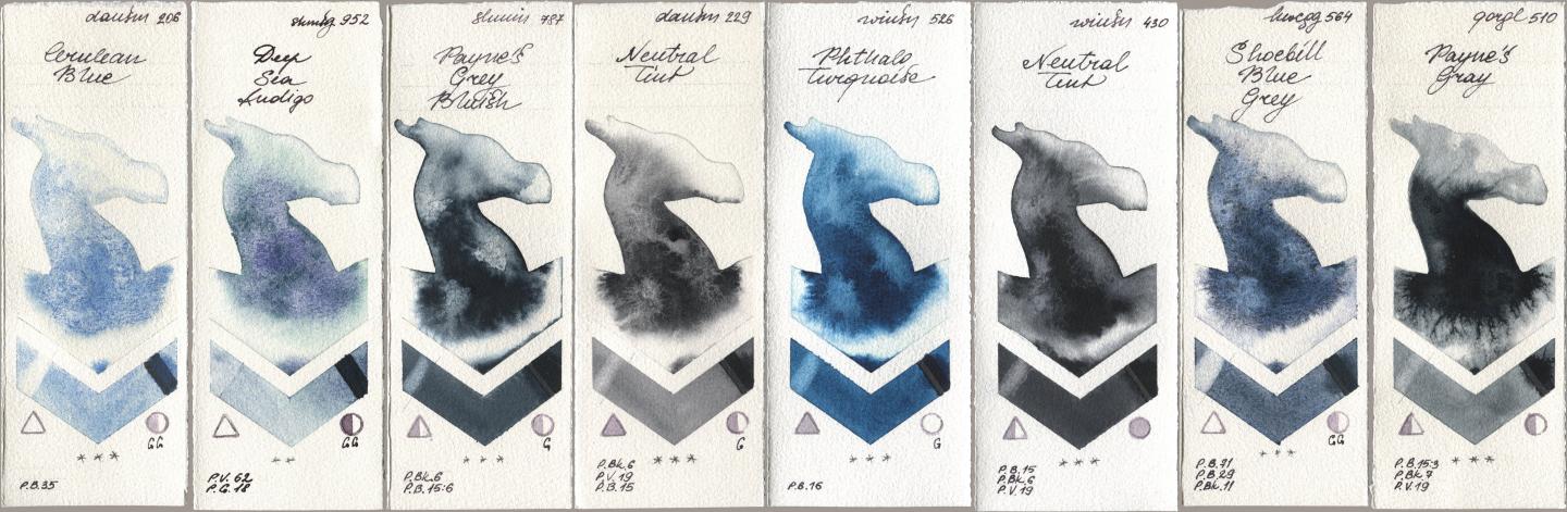 Daniel Smith 206 Cerulean Blue, Shminke Horadam Aquarell 952 Deep Sea Indigo, 787 Paynes Grey Bluish, 229 Neutral Tint, Winsor & Newton Professional 526 Phthalo Turquoise, 430 Neutral Tint, Holbein Artists Watercolor 564 Shoebill Blue Grey, Golden QOR 510 Paynes Gr watercolor swatch