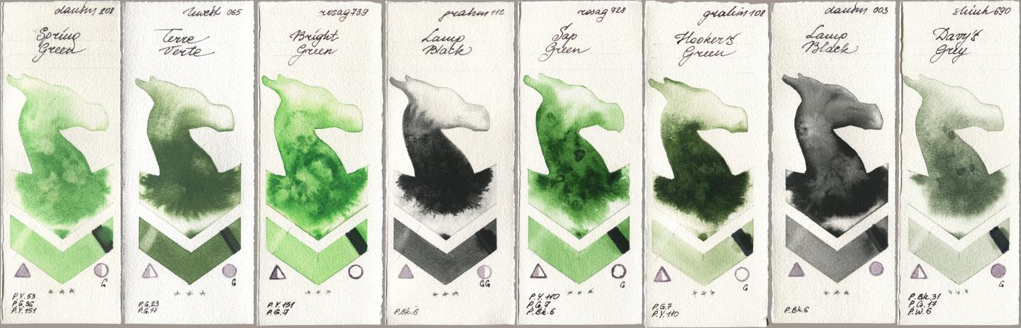 Daniel Smith 208 Spring Green, Holbein Artists Watercolor 065 Terre Verte, Rosa Gallery 739 Bright Green, M. Graham & Co. Artists 112 Lamp Black, 728 Sap Green, 108 Hookers Green, 003 Lamp Black, Shinhan PWC 690 Davys Gr watercolor swatch