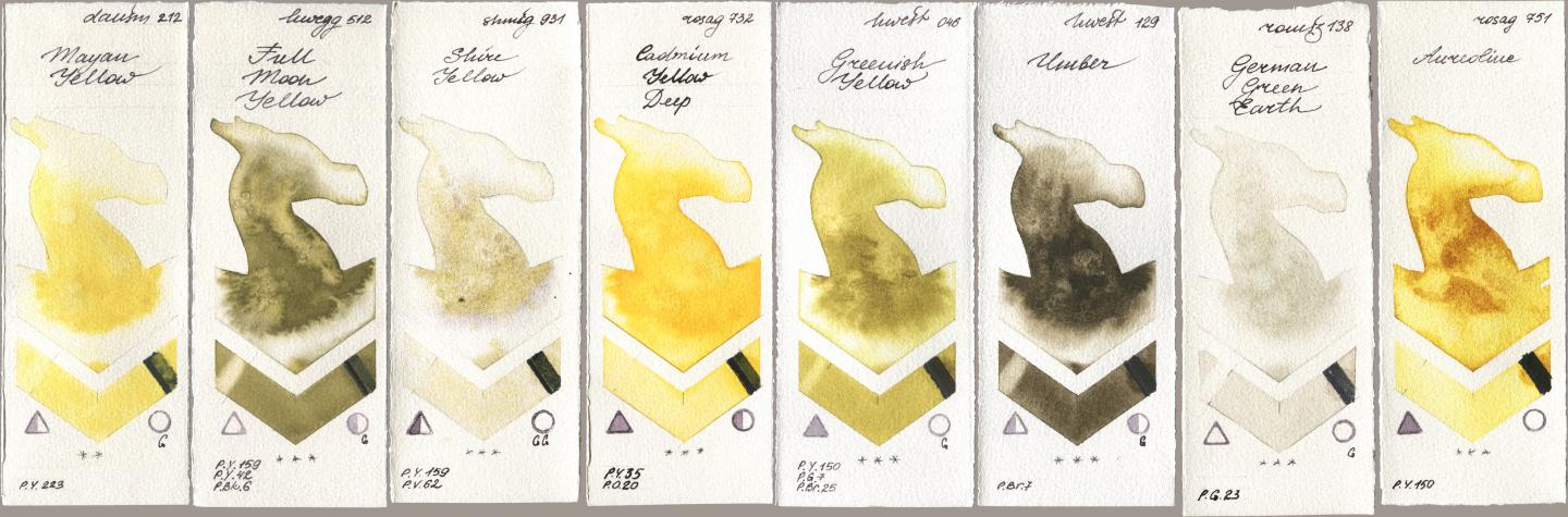 Daniel Smith 212 Mayan Yellow, Holbein Artists Watercolor 512 Full Moon Yellow, Shminke Horadam Aquarell 931 Shire Yellow, Rosa Gallery 732 Cadmium Yellow Deep, 046 Greenish Yellow, 129 Umber, Roman Szmal Aquarius 138 German Green Earth, 751 Aureoli watercolor swatch