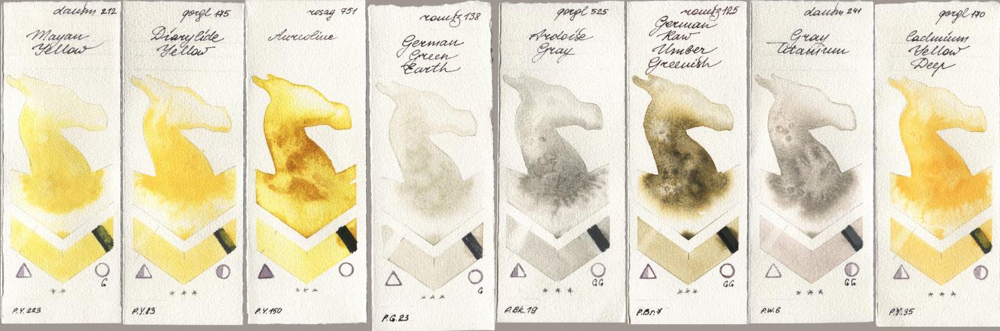 Daniel Smith 212 Mayan Yellow, Golden QOR 175 Diarylide Yellow, Rosa Gallery 751 Aureoline, Roman Szmal Aquarius 138 German Green Earth, 525 Ardoise Gray, 125 German Raw Umber Greenish, 241 Gray Titanium, 170 Cadmium Yellow De watercolor swatch
