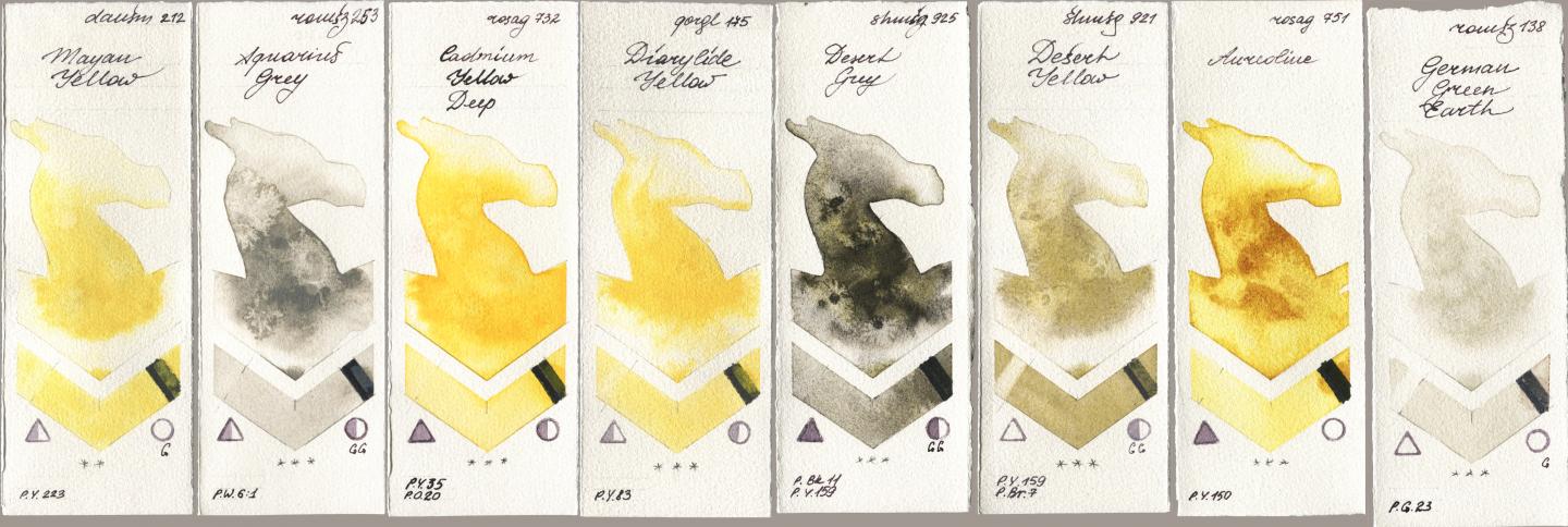 Daniel Smith 212 Mayan Yellow, Roman Szmal Aquarius 253 Aquarius Grey, Rosa Gallery 732 Cadmium Yellow Deep, Golden QOR 175 Diarylide Yellow, Shminke Horadam Aquarell 925 Desert Grey, 921 Desert Yellow, 751 Aureoline, 138 German Green Ear watercolor swatch