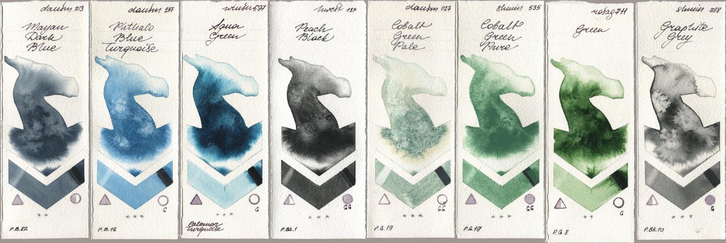 Daniel Smith 213 Mayan Dark Blue, 247 Phthalo Blue Turquoise, Winsor & Newton Professional 697 Aqua Green, Holbein Artists Watercolor 137 Peach Black, 027 Cobalt Green Pale, Shminke Horadam Aquarell 535 Cobalt Green Pure, Rosa Gallery 711 Green, 788 Graphite Gr watercolor swatch