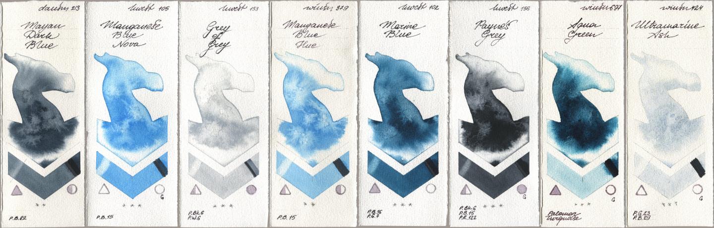 Daniel Smith 213 Mayan Dark Blue, Holbein Artists Watercolor 105 Manganese Blue Nova, 153 Grey of Grey, Winsor & Newton Professional 379 Manganese Blue Hue, 102 Marine Blue, 156 Paynes Grey, 697 Aqua Green, 424 Ultramarine A watercolor swatch