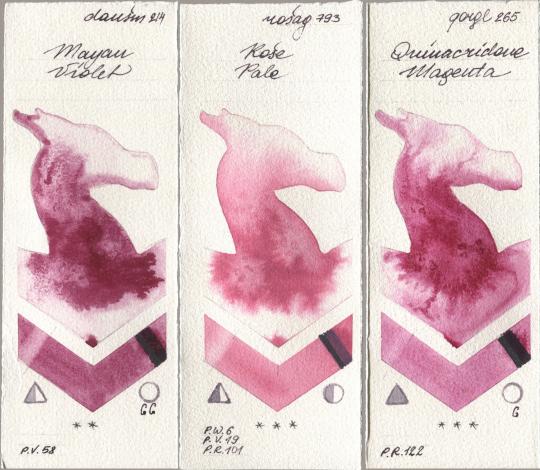 Daniel Smith 214 Mayan Violet, Rosa Gallery 793 Rose Pale, Golden QOR 265 Quinacridone Magen watercolor swatch