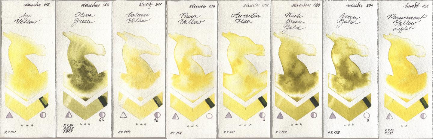 Daniel Smith 215 Azo Yellow, 063 Olive Green, Shminke Horadam Aquarell 911 Volcano Yellow, 216 Pure Yellow, 208 Aureolin Hue, 099 Rich Green Gold, Winsor & Newton Professional 294 Green Gold, Holbein Artists Watercolor 036 Permanent Yellow Lig watercolor swatch