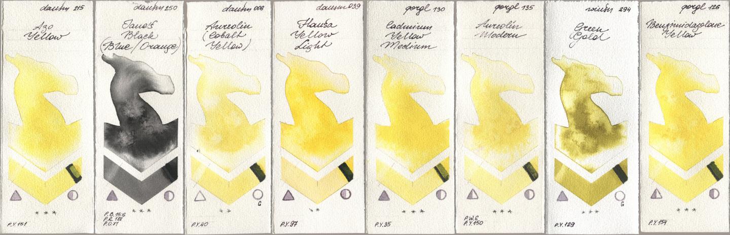 Daniel Smith 215 Azo Yellow, 250 Janes Black (Blue/Orange), 006 Aureolin (Cobalt Yellow), 039 Hansa Yellow Light, Golden QOR 130 Cadmium Yellow Medium, 135 Aureolin Modern, Winsor & Newton Professional 294 Green Gold, 126 Benzimidazolone Yell watercolor swatch
