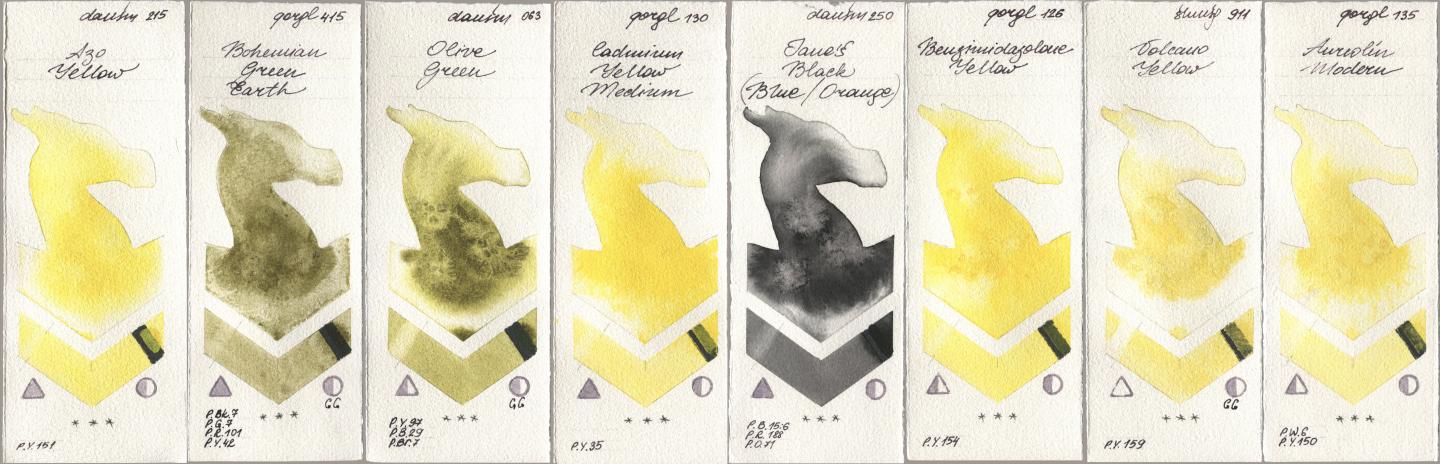 Daniel Smith 215 Azo Yellow, Golden QOR 415 Bohemian Green Earth, 063 Olive Green, 130 Cadmium Yellow Medium, 250 Janes Black (Blue/Orange), 126 Benzimidazolone Yellow, Shminke Horadam Aquarell 911 Volcano Yellow, 135 Aureolin Mode watercolor swatch