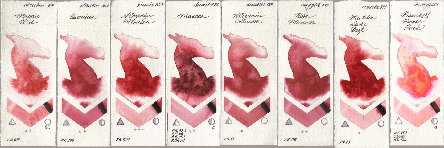 Daniel Smith 217 Mayan Red, 020 Carmine, Shminke Horadam Aquarell 357 Alizarin Crimson, Kuretake Gansai Tambi 072 Maroon, 004 Alizarin Crimson, Mijello Mission Gold 513 Rose Madder, Royal Talens Rembrandt Watercolour 331 Madder Lake Deep, Holbein Artists Watercolor 501 Bourkes Parrot Pi watercolor swatch
