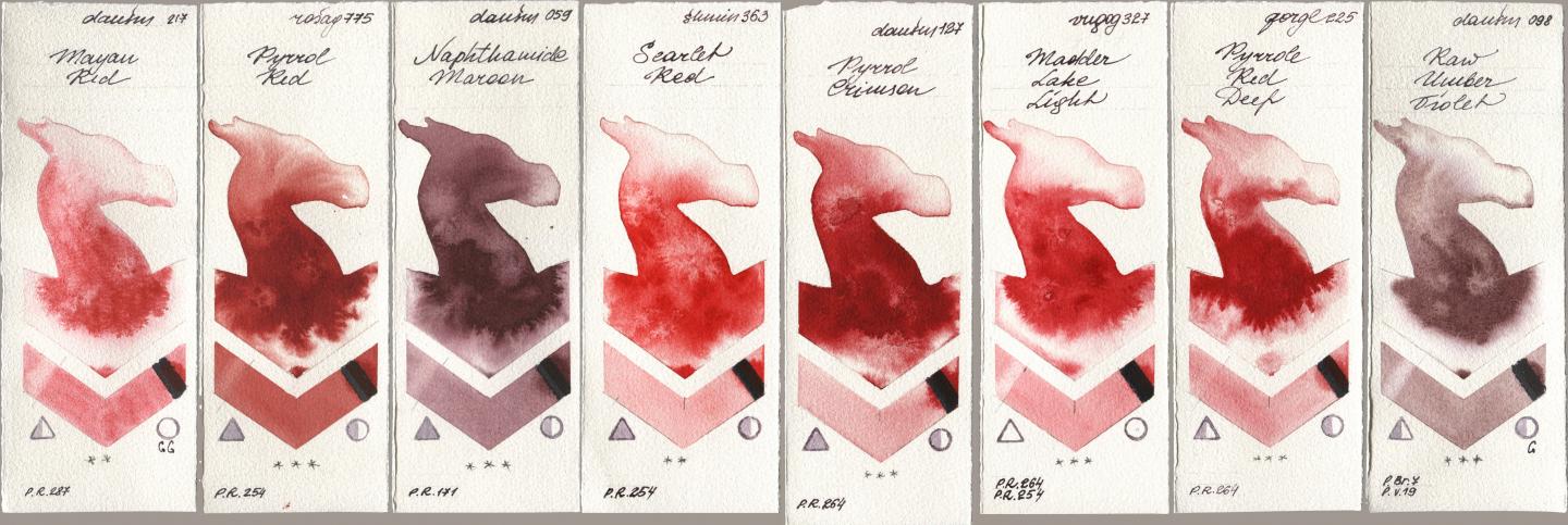Daniel Smith 217 Mayan Red, Rosa Gallery 775 Pyrrole Red, 059 Naphthamide Maroon, Shminke Horadam Aquarell 363 Scarlet Red, 127 Pyrrol Crimson, Royal Talens Van Gogh Watercolour 327 Madder Lake Light, Golden QOR 225 Pyrrole Red Deep, 098 Raw Umber Viol watercolor swatch