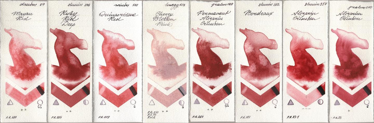 Daniel Smith 217 Mayan Red, Shminke Horadam Aquarell 346 Ruby Red Deep, Winsor & Newton Professional 548 Quinacridone Red, Holbein Artists Watercolor 503 Cherry Blossom Pink, M. Graham & Co. Artists 129 Permanent Alizarin Crimson, 362 Bordeaux, 357 Alizarin Crimson, 010 Alizarin Crims watercolor swatch