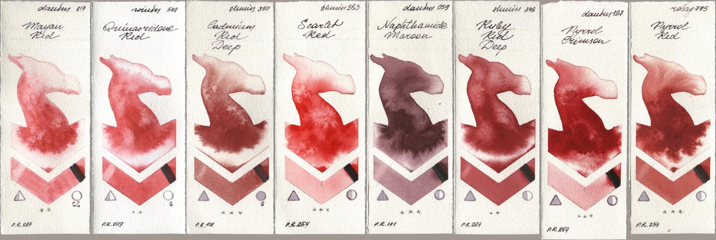 Daniel Smith 217 Mayan Red, Winsor & Newton Professional 548 Quinacridone Red, Shminke Horadam Aquarell 350 Cadmium Red Deep, 363 Scarlet Red, 059 Naphthamide Maroon, 346 Ruby Red Deep, 127 Pyrrol Crimson, Rosa Gallery 775 Pyrrole R watercolor swatch