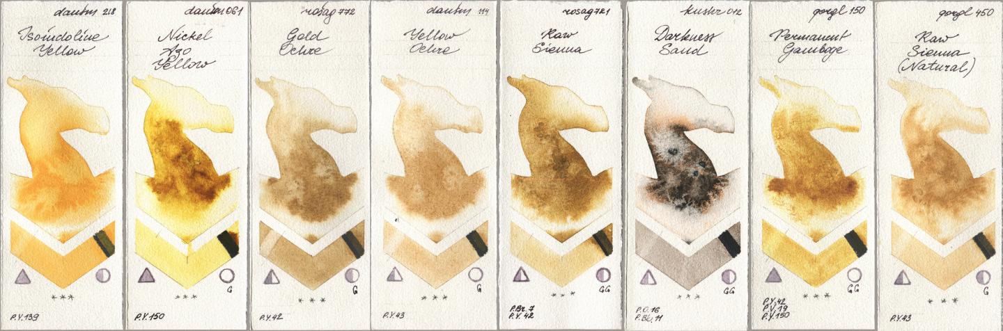 Daniel Smith 218 Isoindoline Yellow, 061 Nickel Azo Yellow, Rosa Gallery 772 Gold Ochre, 114 Yellow Ochre, 721 Raw Sienna, Kusakabe 012 Darkness Sand, Golden QOR 150 Permanent Gamboge, 450 Raw Sienna (Natura watercolor swatch