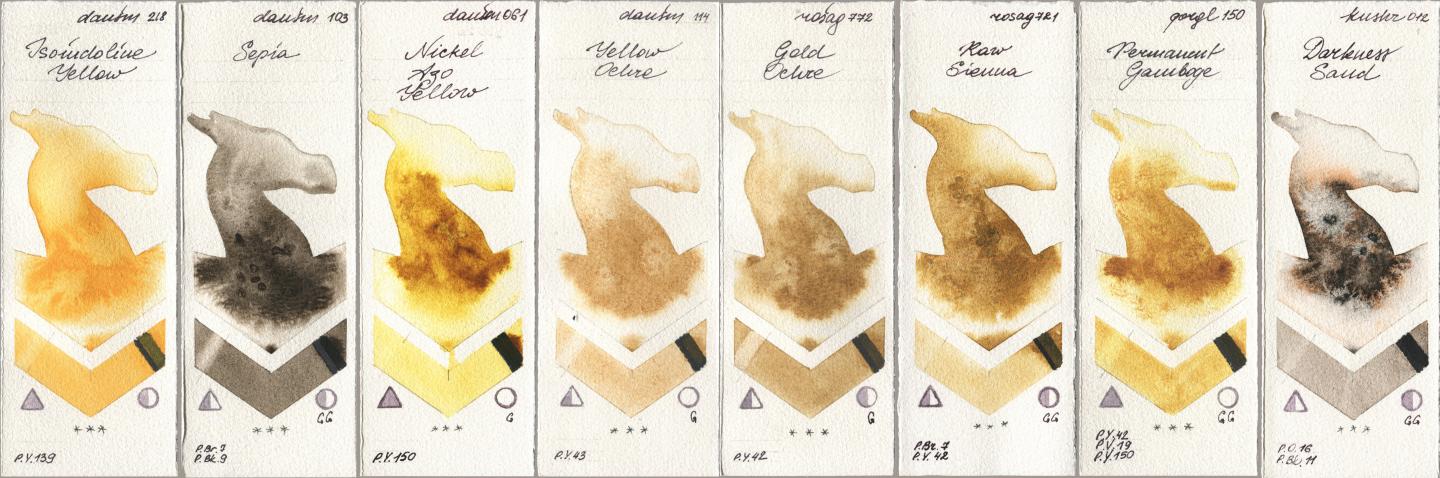 Daniel Smith 218 Isoindoline Yellow, 103 Sepia, 061 Nickel Azo Yellow, 114 Yellow Ochre, Rosa Gallery 772 Gold Ochre, 721 Raw Sienna, Golden QOR 150 Permanent Gamboge, Kusakabe 012 Darkness Sa watercolor swatch