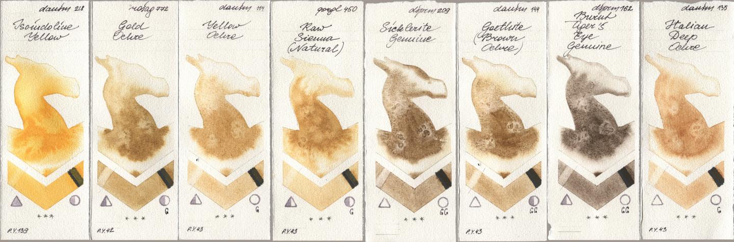 Daniel Smith 218 Isoindoline Yellow, Rosa Gallery 772 Gold Ochre, 114 Yellow Ochre, Golden QOR 450 Raw Sienna (Natural), 209 Sicklerite Genuine, 144 Goethite (Brown Ochre), 162 Burnt Tigers Eye Genuine, 135 Italian Deep Och watercolor swatch