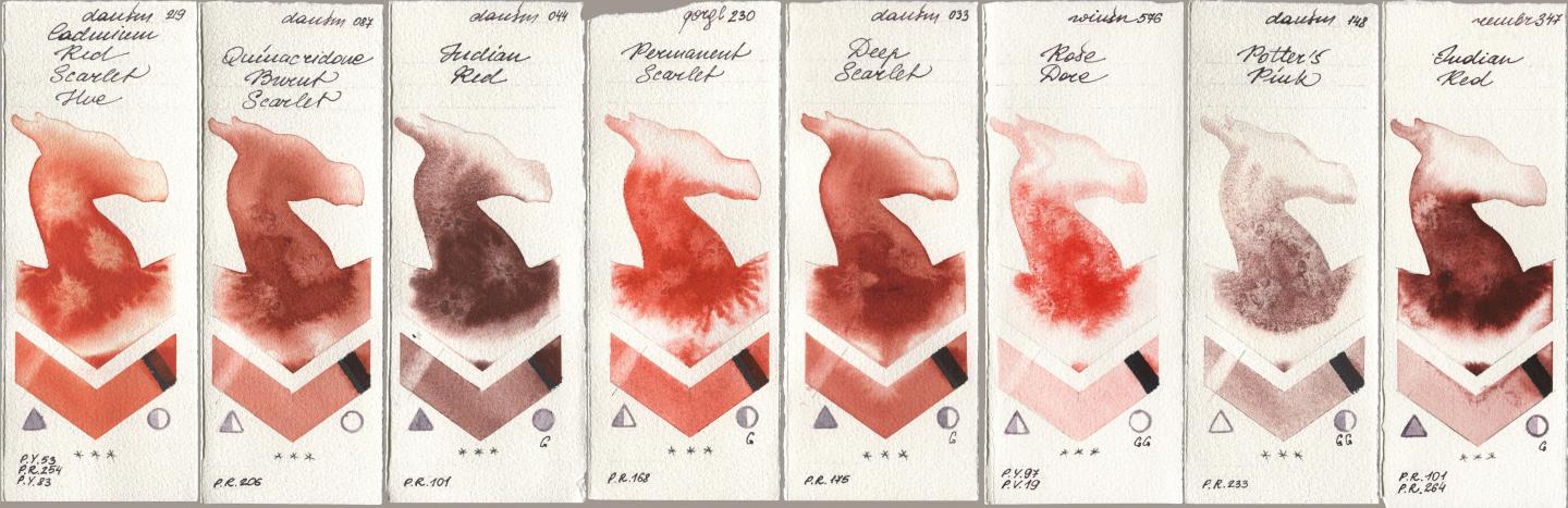 Daniel Smith 219 Cadmium Red Scarlet Hue, 087 Quinacridone Burnt Scarlet, 044 Indian Red, Golden QOR 230 Permanent Scarlet, 033 Deep Scarlet, Winsor & Newton Professional 576 Rose Dore, 148 Potters Pink, Royal Talens Rembrandt Watercolour 347 Indian R watercolor swatch