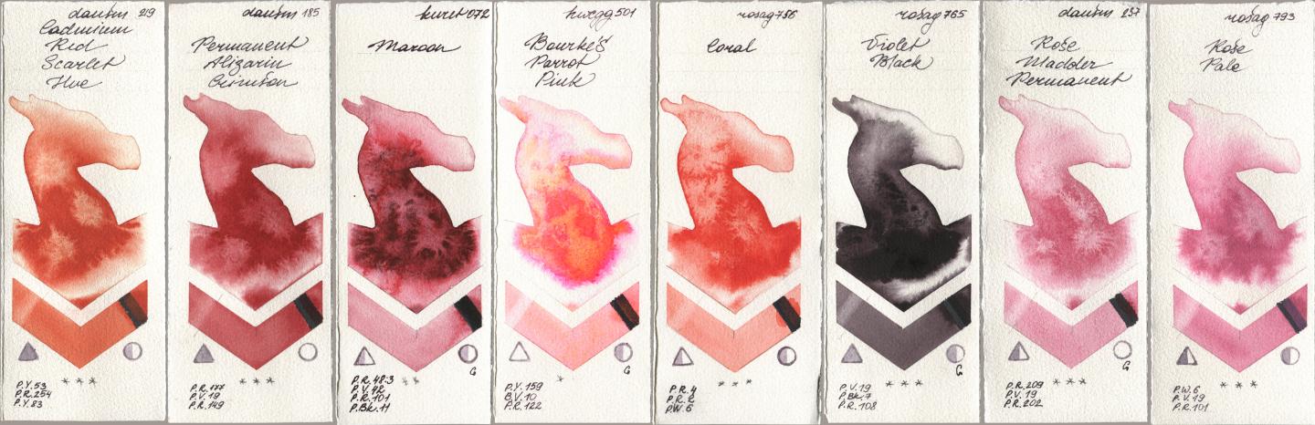 Daniel Smith 219 Cadmium Red Scarlet Hue, 185 Permanent Alizarin Crimson, Kuretake Gansai Tambi 072 Maroon, Holbein Artists Watercolor 501 Bourkes Parrot Pink, Rosa Gallery 756 Coral, 765 Violet Black, 237 Rose Madder Permanent, 793 Rose Pa watercolor swatch