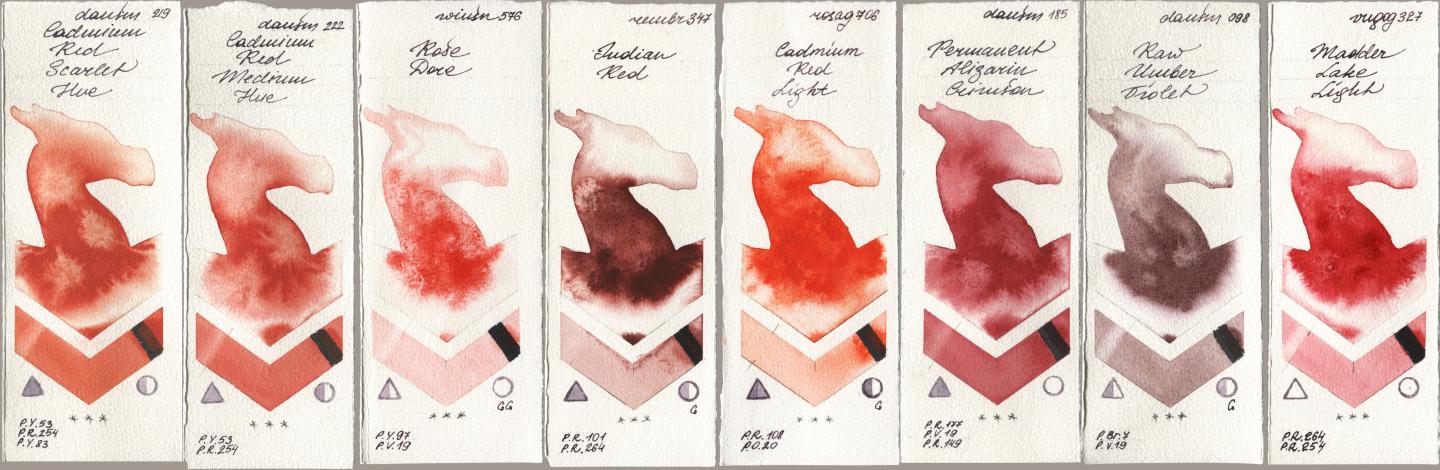 Daniel Smith 219 Cadmium Red Scarlet Hue, 222 Cadmium Red Medium Hue, Winsor & Newton Professional 576 Rose Dore, Royal Talens Rembrandt Watercolour 347 Indian Red, Rosa Gallery 706 Cadmium Red Light, 185 Permanent Alizarin Crimson, 098 Raw Umber Violet, Royal Talens Van Gogh Watercolour 327 Madder Lake Lig watercolor swatch