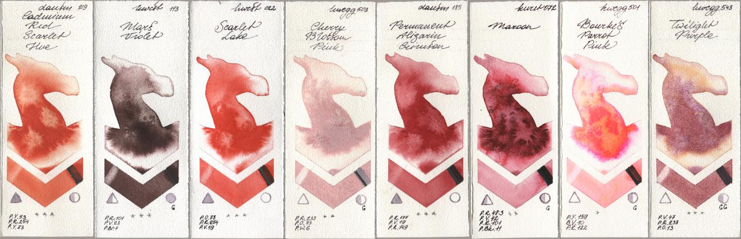 Daniel Smith 219 Cadmium Red Scarlet Hue, Holbein Artists Watercolor 113 Mars Violet, 022 Scarlet Lake, 503 Cherry Blossom Pink, 185 Permanent Alizarin Crimson, Kuretake Gansai Tambi 072 Maroon, 501 Bourkes Parrot Pink, 543 Twilight Purp watercolor swatch