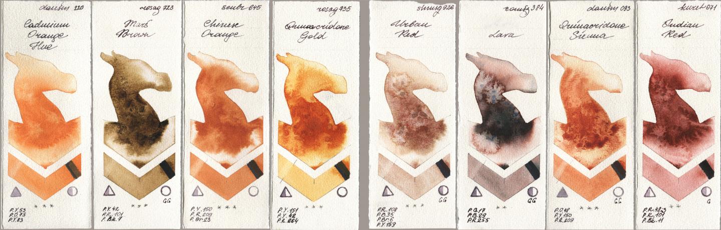 Daniel Smith 220 Cadmium Orange Hue, Rosa Gallery 723 Mars Brown, Sennelier l Aquarelle 645 Chinese Orange, 735 Quinacridone Gold, Shminke Horadam Aquarell 926 Urban Red, Roman Szmal Aquarius 384 Lava, 093 Quinacridone Sienna, Kuretake Gansai Tambi 071 Indian R watercolor swatch