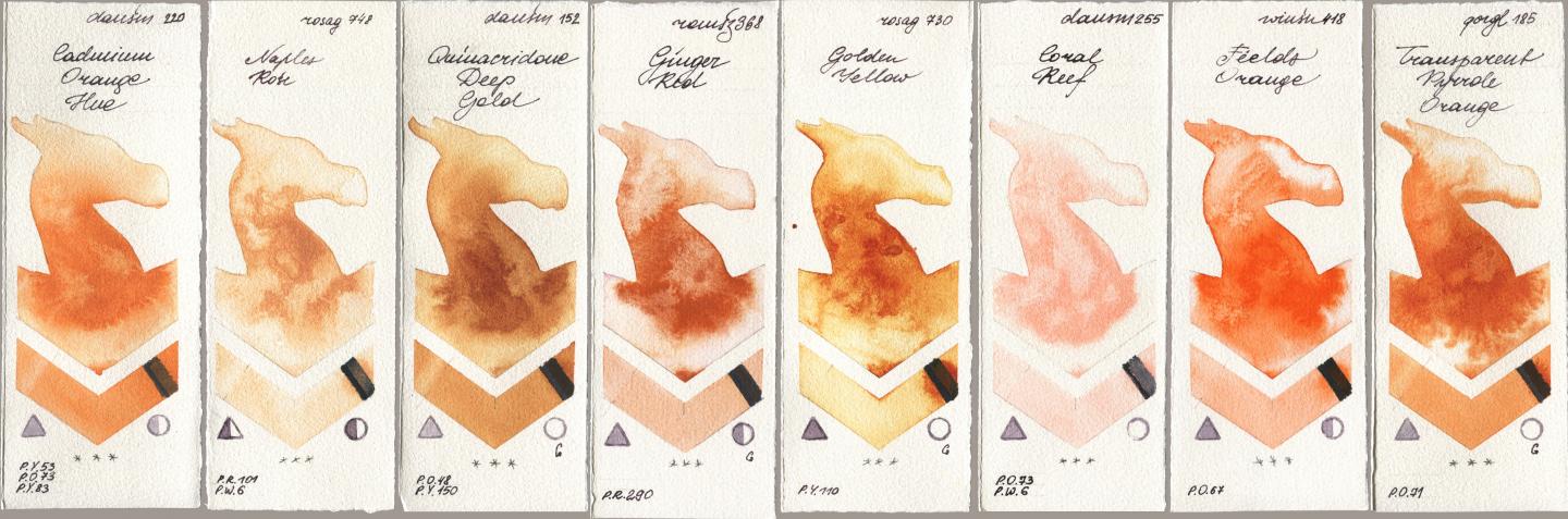 Daniel Smith 220 Cadmium Orange Hue, Rosa Gallery 748 Naples Rose, 152 Quinacridone Deep Gold, Roman Szmal Aquarius 368 Genger Red, 730 Golden Yellow, 255 Coral Reef, Winsor & Newton Professional 418 Fields Orange, Golden QOR 185 Transparent Pyrrole Oran watercolor swatch