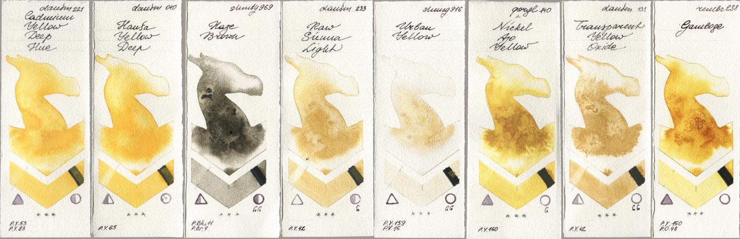 Daniel Smith 221 Cadmium Yellow Deep Hue, 040 Hansa Yellow Deep, Shminke Horadam Aquarell 969 Haze Brown, 233 Raw Sienna Light, 916 Urban Yellow, Golden QOR 140 Nickel Azo Yellow, 131 Transparent Yellow Oxide, Royal Talens Rembrandt Watercolour 238 Gambo watercolor swatch