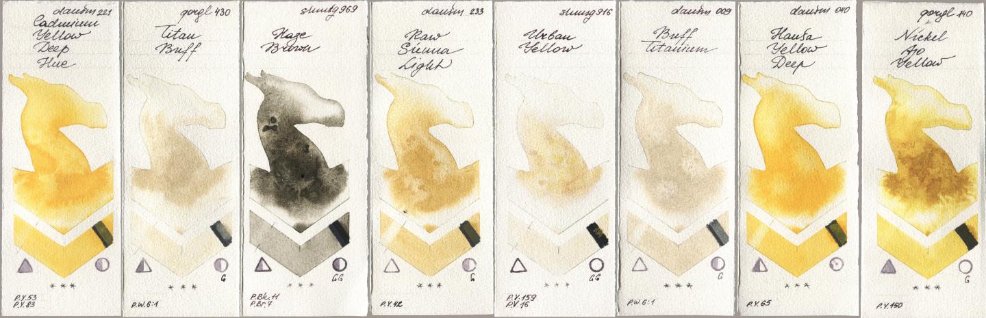 Daniel Smith 221 Cadmium Yellow Deep Hue, Golden QOR 430 Titan Buff, Shminke Horadam Aquarell 969 Haze Brown, 233 Raw Sienna Light, 916 Urban Yellow, 009 Buff Titanium, 040 Hansa Yellow Deep, 140 Nickel Azo Yell watercolor swatch