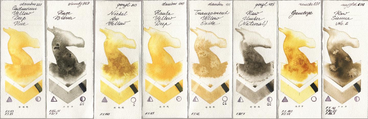 Daniel Smith 221 Cadmium Yellow Deep Hue, Shminke Horadam Aquarell 969 Haze Brown, Golden QOR 140 Nickel Azo Yellow, 040 Hansa Yellow Deep, 131 Transparent Yellow Oxide, 485 Raw Umber (Natural), Royal Talens Rembrandt Watercolour 238 Gamboge, Mijello Mission Gold 606 Raw Sienna No watercolor swatch