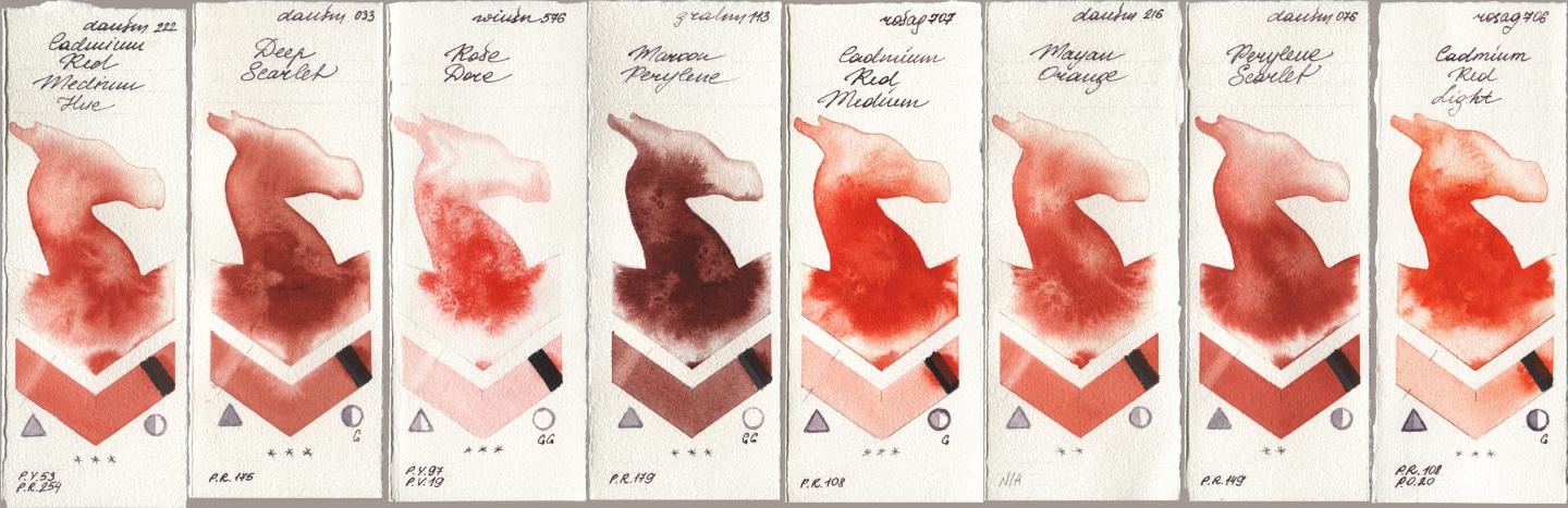 Daniel Smith 222 Cadmium Red Medium Hue, 033 Deep Scarlet, Winsor & Newton Professional 576 Rose Dore, M. Graham & Co. Artists 113 Maroon Perylene, Rosa Gallery 707 Cadmium Red Medium, 216 Mayan Orange, 076 Perylene Scarlet, 706 Cadmium Red Lig watercolor swatch
