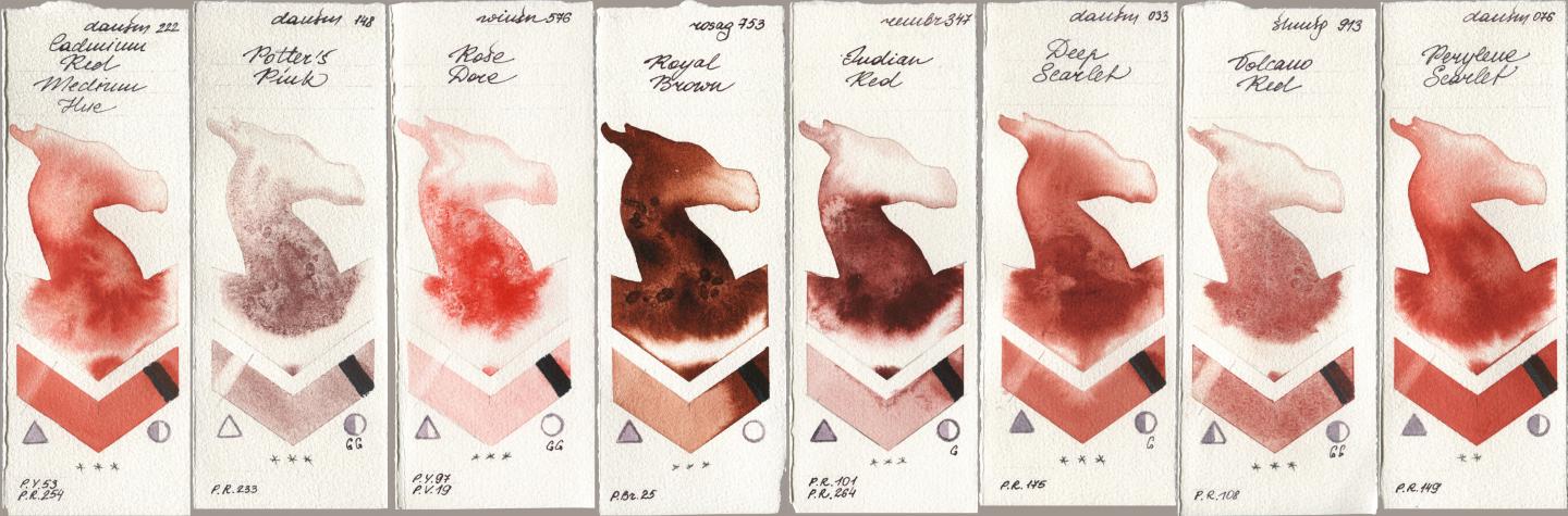 Daniel Smith 222 Cadmium Red Medium Hue, 148 Potters Pink, Winsor & Newton Professional 576 Rose Dore, Rosa Gallery 753 Royal Brown, Royal Talens Rembrandt Watercolour 347 Indian Red, 033 Deep Scarlet, Shminke Horadam Aquarell 913 Volcano Red, 076 Perylene Scarl watercolor swatch