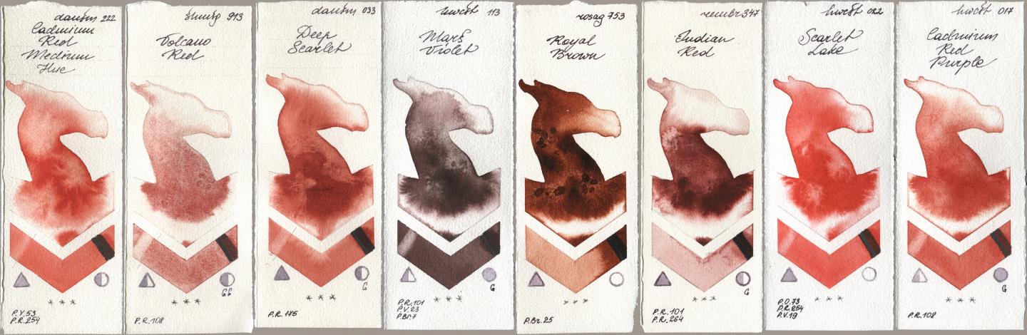 Daniel Smith 222 Cadmium Red Medium Hue, Shminke Horadam Aquarell 913 Volcano Red, 033 Deep Scarlet, Holbein Artists Watercolor 113 Mars Violet, Rosa Gallery 753 Royal Brown, Royal Talens Rembrandt Watercolour 347 Indian Red, 022 Scarlet Lake, 017 Cadmium Red Purp watercolor swatch