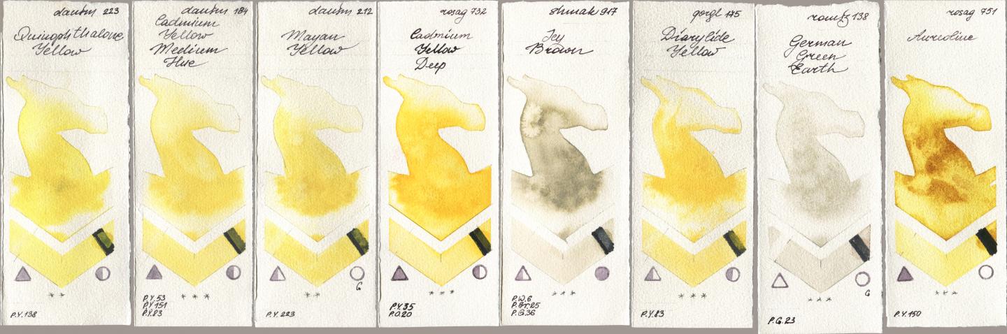 Daniel Smith 223 Quinophthalone Yellow, 184 Cadmium Yellow Medium Hue, 212 Mayan Yellow, Rosa Gallery 732 Cadmium Yellow Deep, Shminke Akademie Aquarell 917 Icy Brown, Golden QOR 175 Diarylide Yellow, Roman Szmal Aquarius 138 German Green Earth, 751 Aureoli watercolor swatch