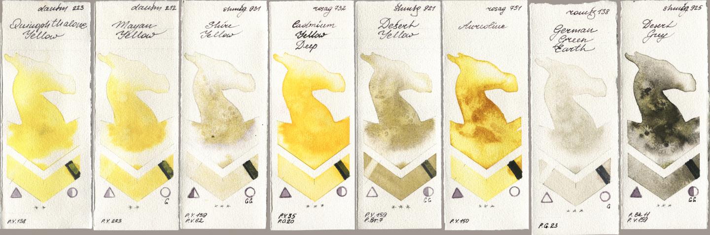 Daniel Smith 223 Quinophthalone Yellow, 212 Mayan Yellow, Shminke Horadam Aquarell 931 Shire Yellow, Rosa Gallery 732 Cadmium Yellow Deep, 921 Desert Yellow, 751 Aureoline, Roman Szmal Aquarius 138 German Green Earth, 925 Desert Gr watercolor swatch
