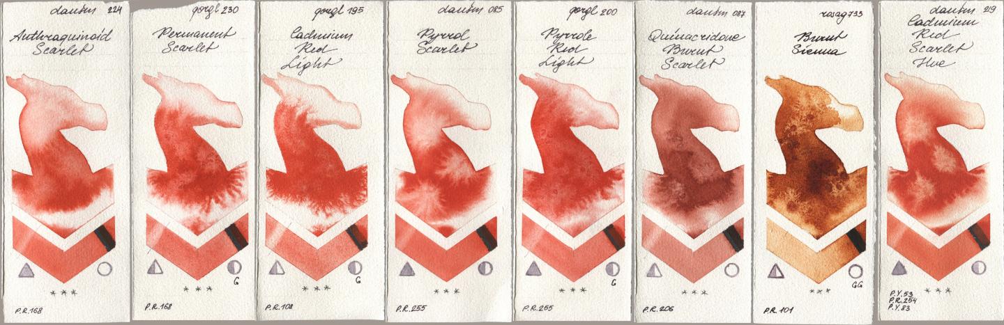 Daniel Smith 224 Anthraquinoid Scarlet, Golden QOR 230 Permanent Scarlet, 195 Cadmium Red Light, 085 Pyrrol Scarlet, 200 Pyrrole Red Light, 087 Quinacridone Burnt Scarlet, Rosa Gallery 733 Burnt Sienna, 219 Cadmium Red Scarlet H watercolor swatch
