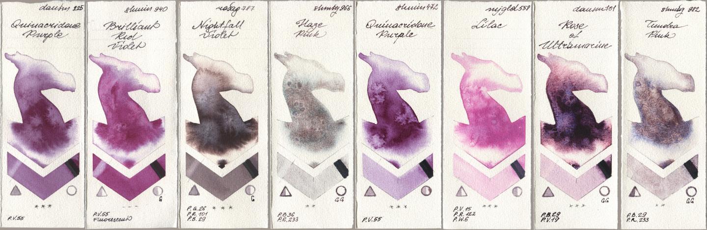 Daniel Smith 225 Quinacridone Purple, Shminke Horadam Aquarell 940 Brilliant Red Violet, Rosa Gallery 787 Nightfall Violet, 966 Haze Pink, 472 Quinacridone Purple, Mijello Mission Gold 558 Lilac, 101 Rose of Ultramarine, 982 Tundra Pi watercolor swatch