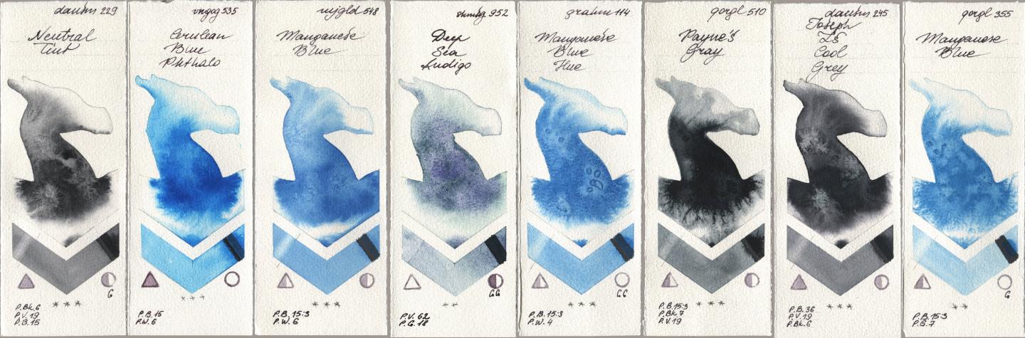 Daniel Smith 229 Neutral Tint, Royal Talens Van Gogh Watercolour 535 Cerulean Blue Phthalo, Mijello Mission Gold 548 Manganese Blue, Shminke Horadam Aquarell 952 Deep Sea Indigo, M. Graham & Co. Artists 114 Manganese Blue Hue, Golden QOR 510 Paynes Gray, 245 Joseph Zs Cool Grey, 355 Manganese Bl watercolor swatch