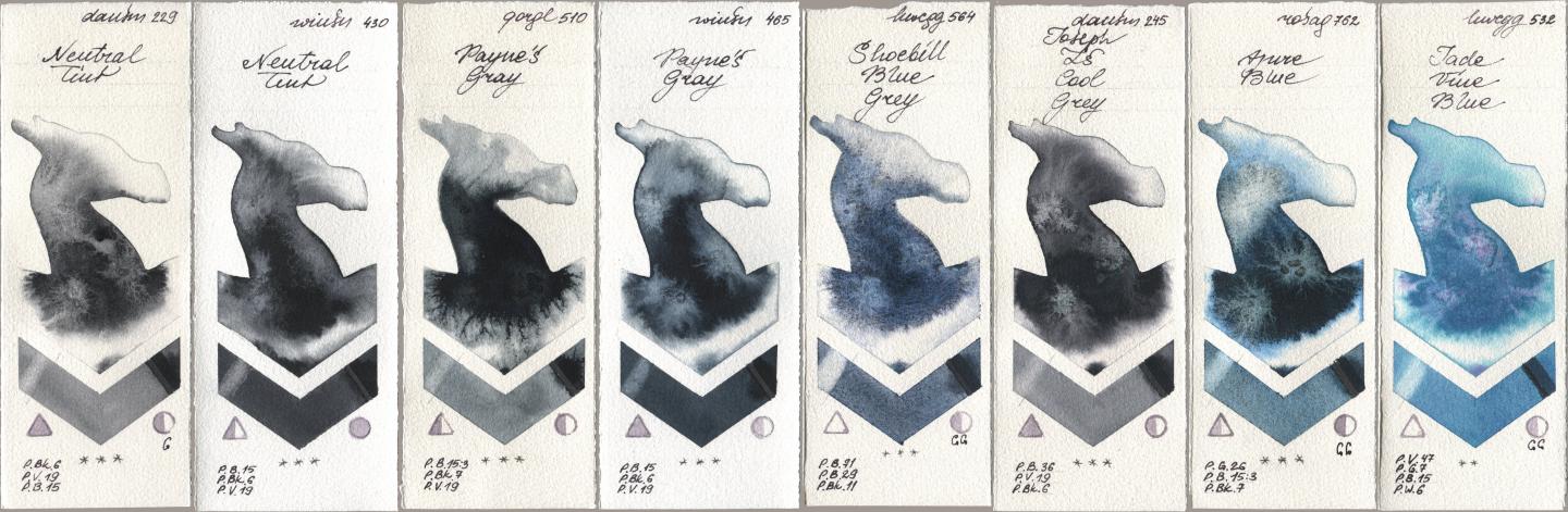 Daniel Smith 229 Neutral Tint, Winsor & Newton Professional 430 Neutral Tint, Golden QOR 510 Paynes Gray, 465 Paynes Gray, Holbein Artists Watercolor 564 Shoebill Blue Grey, 245 Joseph Zs Cool Grey, Rosa Gallery 762 Azure Blue, 532 Jade Vine Bl watercolor swatch
