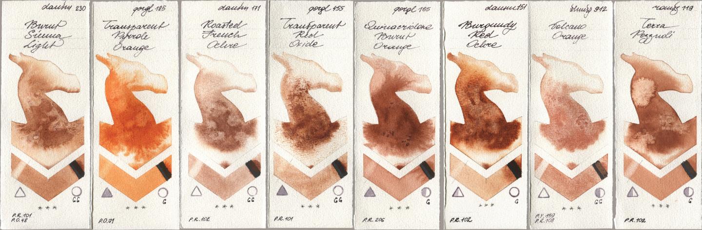 Daniel Smith 230 Burnt Sienna Light, Golden QOR 185 Transparent Pyrrole Orange, 171 Roasted French Ochre, 455 Transparent Red Oxide, 165 Quinacridone Burnt Orange, 151 Burgundy Red Ochre, Shminke Horadam Aquarell 912 Volcano Orange, Roman Szmal Aquarius 119 Terra Pozzuo watercolor swatch