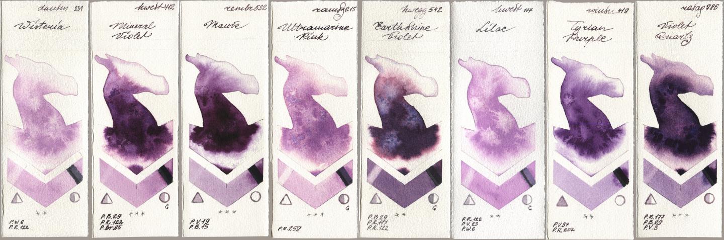 Daniel Smith 231 Wisteria, Holbein Artists Watercolor 112 Mineral Violet, Royal Talens Rembrandt Watercolour 532 Mauve, Roman Szmal Aquarius 215 Ultramarine Pink, 542 Earthshine Violet, 117 Lilac, Winsor & Newton Professional 419 Tyrian Purple, Rosa Gallery 785 Violet Quar watercolor swatch