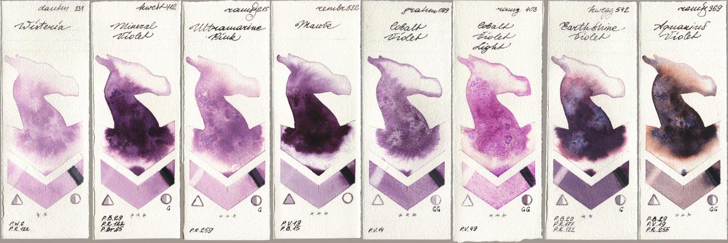 Daniel Smith 231 Wisteria, Holbein Artists Watercolor 112 Mineral Violet, Roman Szmal Aquarius 215 Ultramarine Pink, Royal Talens Rembrandt Watercolour 532 Mauve, M. Graham & Co. Artists 099 Cobalt Violet, 403 Cobalt Violet Light, 542 Earthshine Violet, 369 Aquarius Viol watercolor swatch