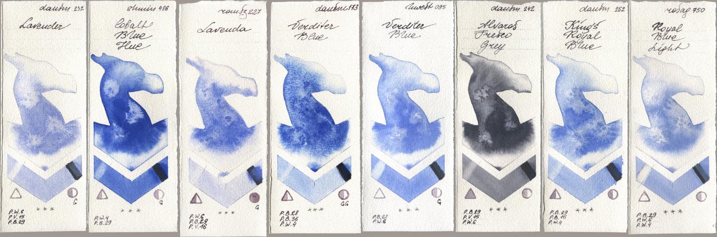 Daniel Smith 232 Lavender, Shminke Horadam Aquarell 486 Cobalt Blue Hue, Roman Szmal Aquarius 227 Lavenda, 173 Verditer Blue, Holbein Artists Watercolor 095 Verditer Blue, 242 Alvaros Fresco Grey, 252 King’s Royal Blue, Rosa Gallery 750 Royal Blue Lig watercolor swatch