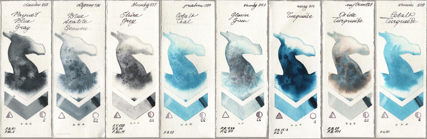Daniel Smith 235 Paynes Blue Gray, 196 Blue Apatite Genuine, Shminke Horadam Aquarell 935 Shire Grey, M. Graham & Co. Artists 097 Cobalt Teal, 963 Glacier Green, Rosa Gallery 714 Turquoise, Mijello Mission Gold 827 Oxide Turquoise, 509 Cobalt Turquoi watercolor swatch