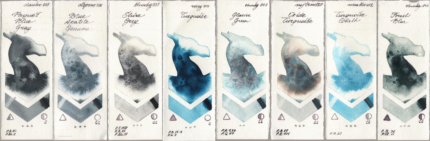 Daniel Smith 235 Paynes Blue Gray, 196 Blue Apatite Genuine, Shminke Horadam Aquarell 935 Shire Grey, Rosa Gallery 714 Turquoise, 963 Glacier Green, Mijello Mission Gold 827 Oxide Turquoise, Maimeri Blu 412 Turquoise Cobalt, 943 Forest Bl watercolor swatch