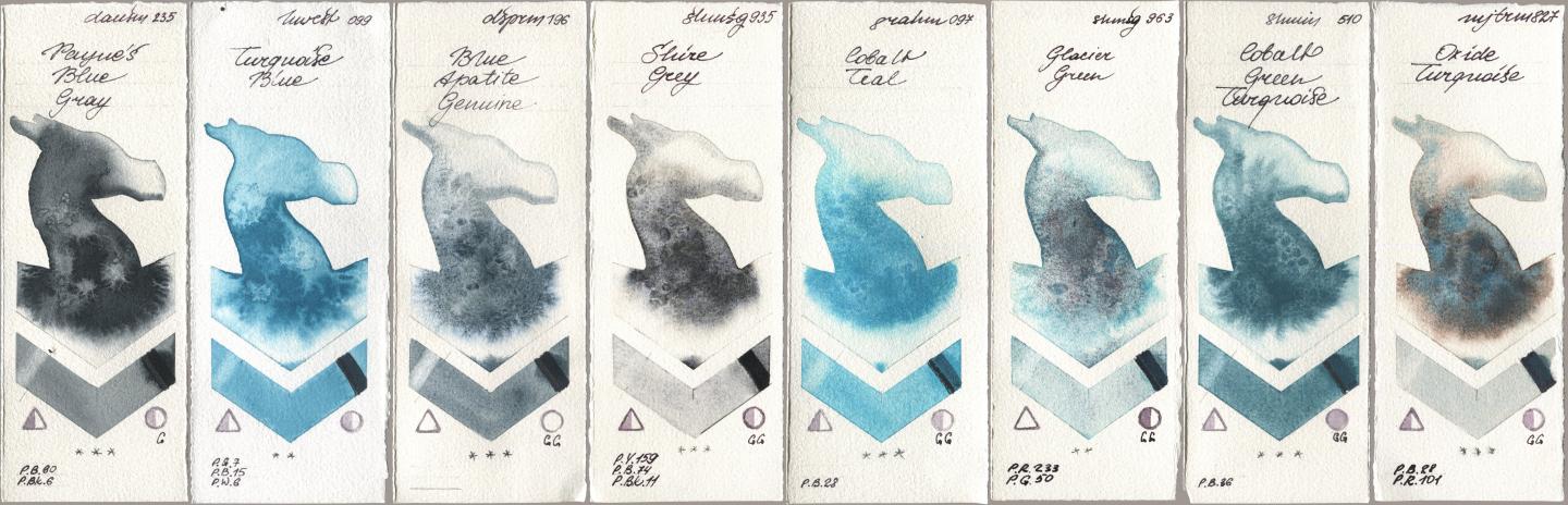 Daniel Smith 235 Paynes Blue Gray, Holbein Artists Watercolor 099 Turquoise Blue, 196 Blue Apatite Genuine, Shminke Horadam Aquarell 935 Shire Grey, M. Graham & Co. Artists 097 Cobalt Teal, 963 Glacier Green, 510 Cobalt Green Turquoise, Mijello Mission Gold 827 Oxide Turquoi watercolor swatch