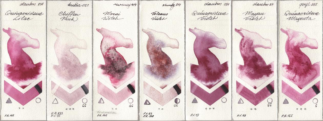 Daniel Smith 236 Quinacridone Lilac, Kusakabe 021 Chiffon Pink, Rockwell 414 Morai Witch, Shminke Horadam Aquarell 914 Volcano Violet, 094 Quinacridone Violet, 214 Mayan Violet, Golden QOR 265 Quinacridone Magen watercolor swatch